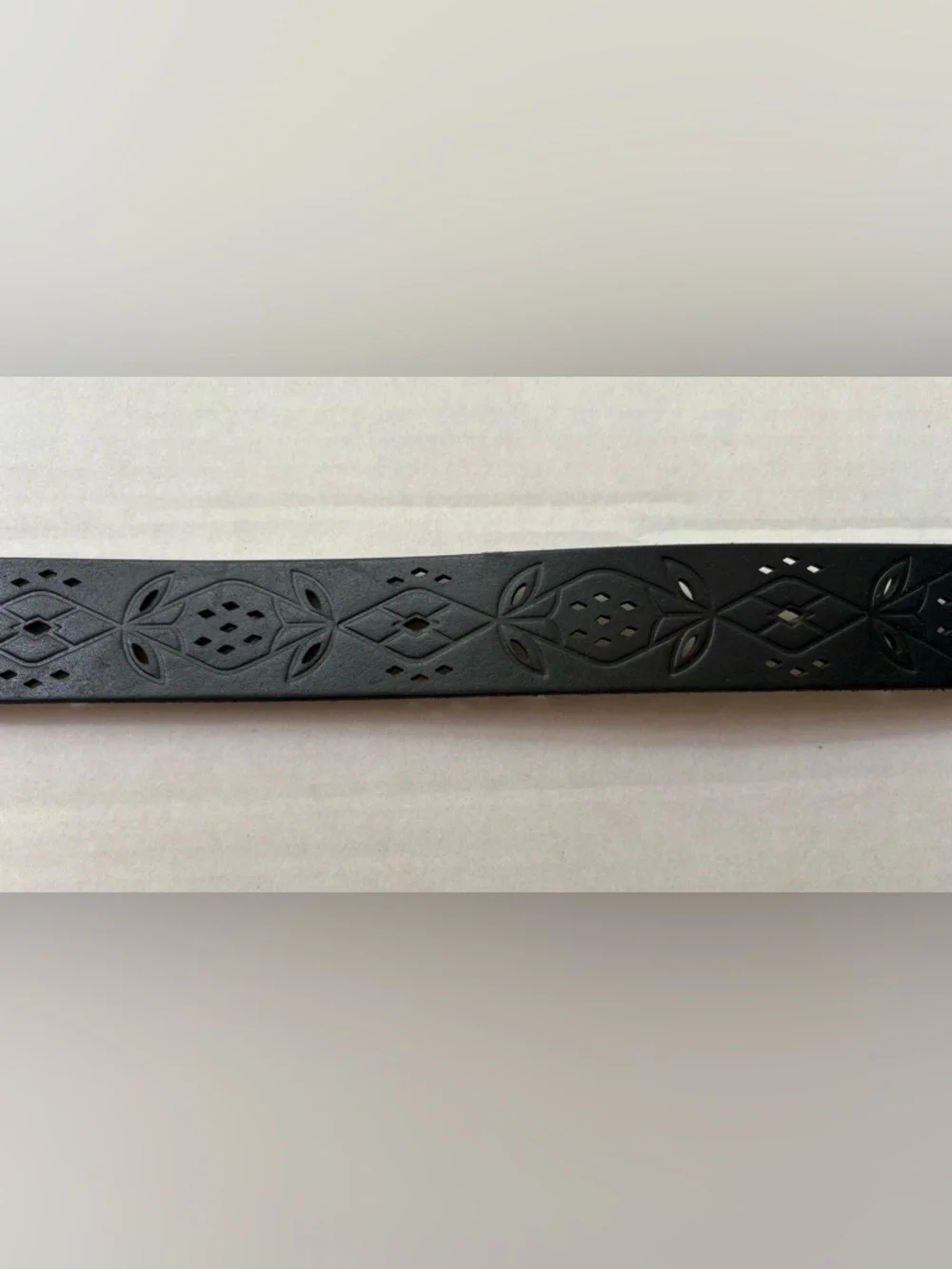 Fossil Black Leather Belt - Boho Perforated Geometric Design - Size M  Y2K